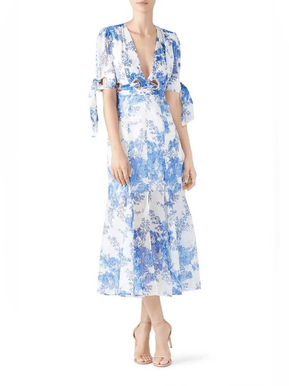 Alice McCall White Midi Dress with Blue Floral Toile and Grommet Waist